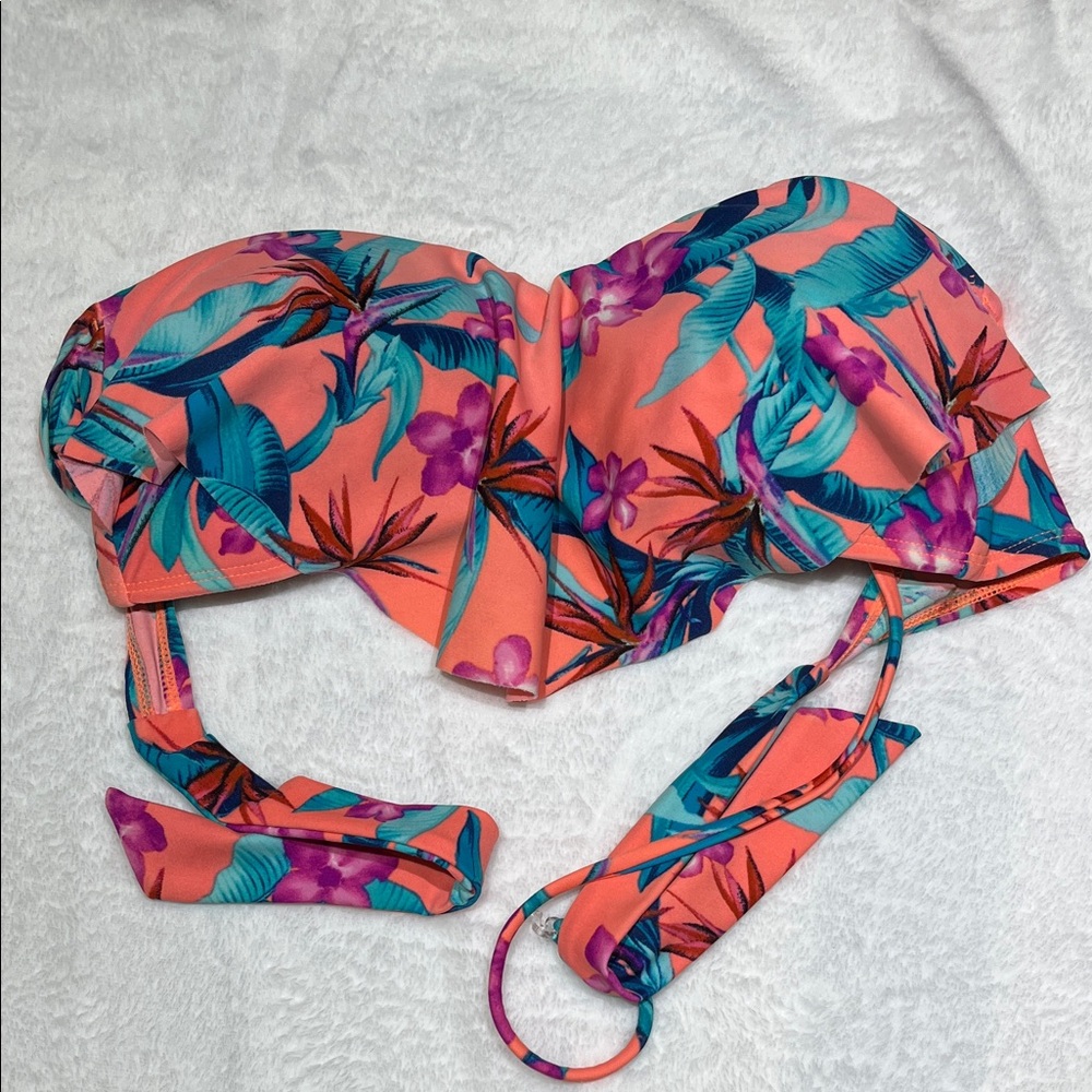 Arizona Jean Company Coral Tropical Print Bandeau Bikini Top